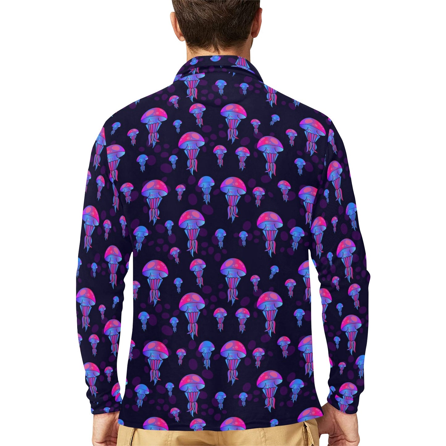 Jellyfish Neon Print Long Sleeve Polo Shirt For Men's