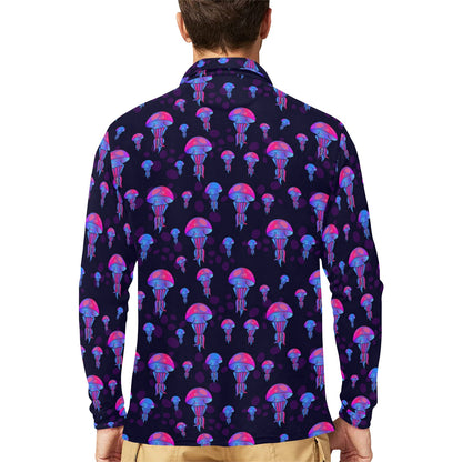 Jellyfish Neon Print Long Sleeve Polo Shirt For Men's