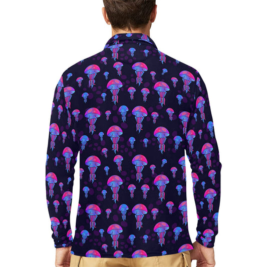 Jellyfish Neon Print Long Sleeve Polo Shirt For Men's