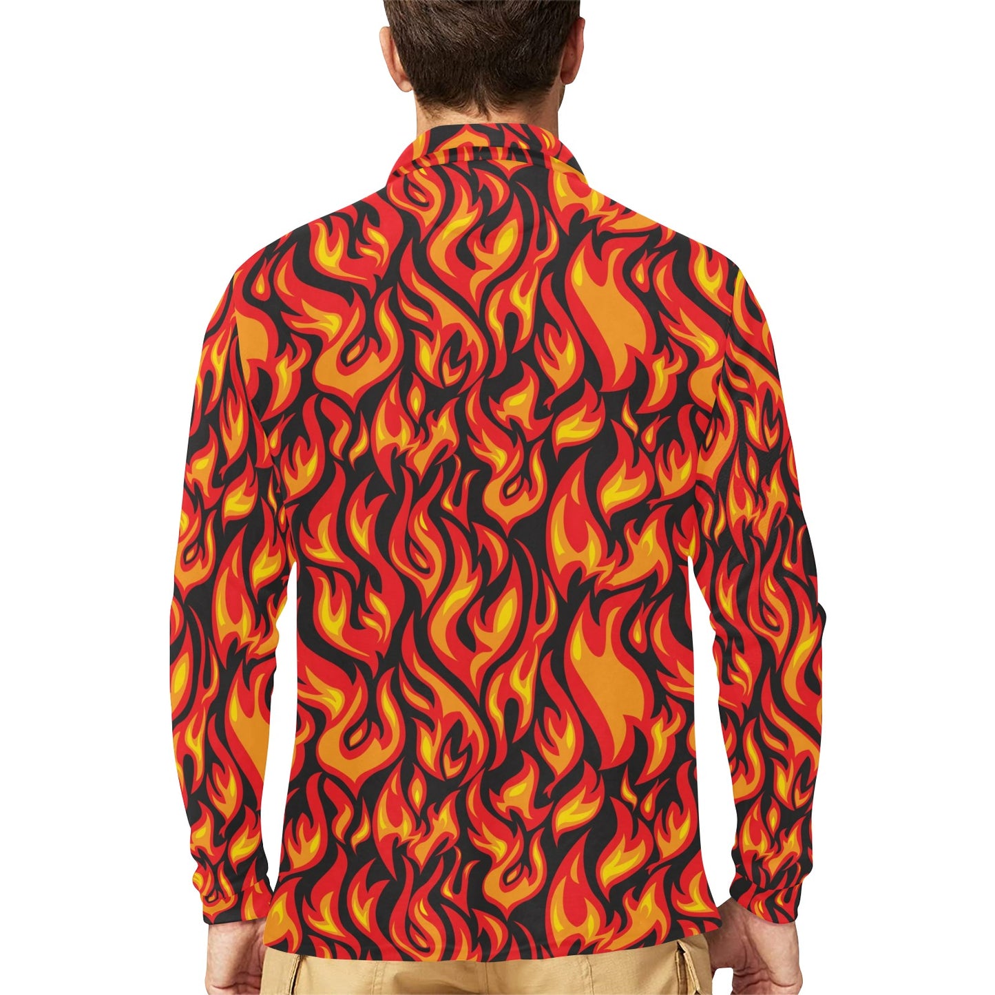 Flame Fire Print Pattern Long Sleeve Polo Shirt For Men's