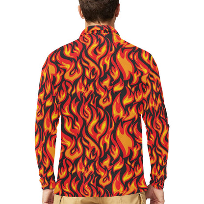 Flame Fire Print Pattern Long Sleeve Polo Shirt For Men's
