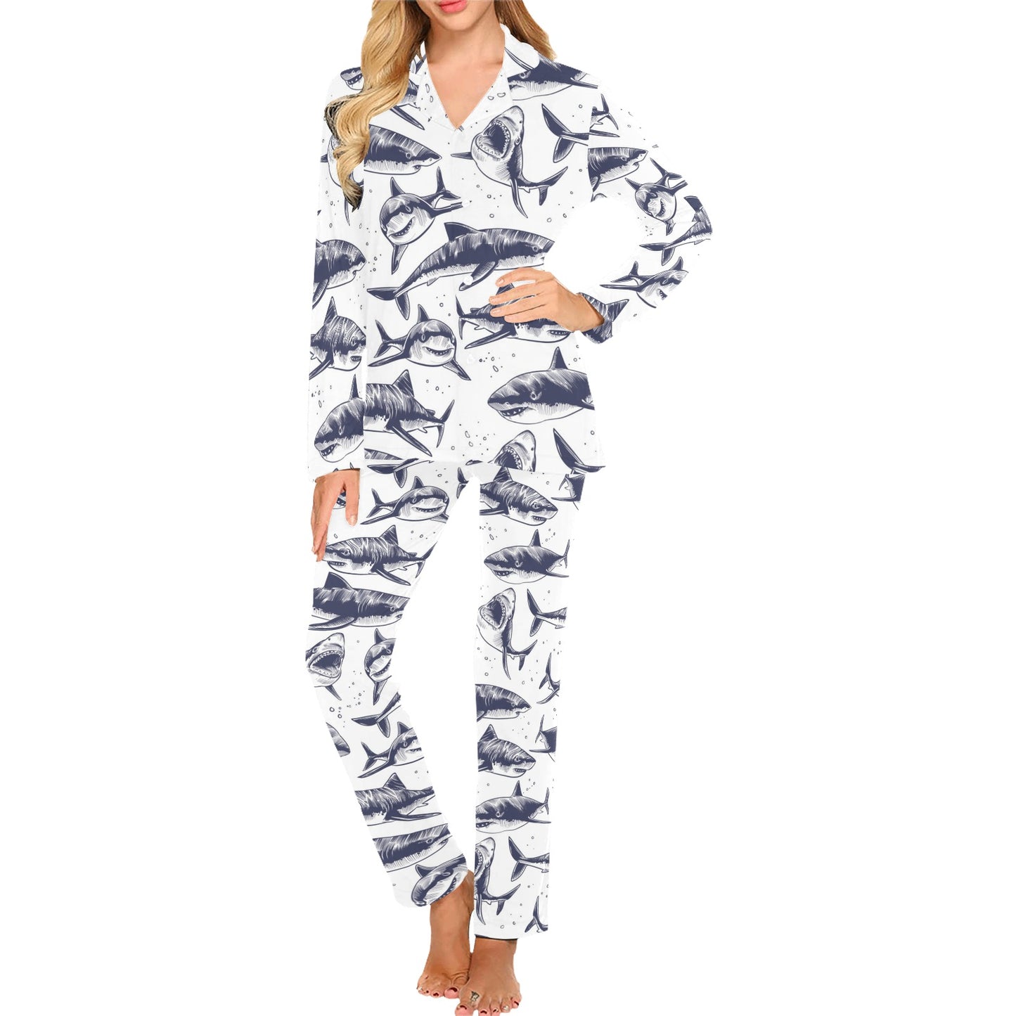 Great White Shark Pattern Print Design 02 Women's Long Pajama Set