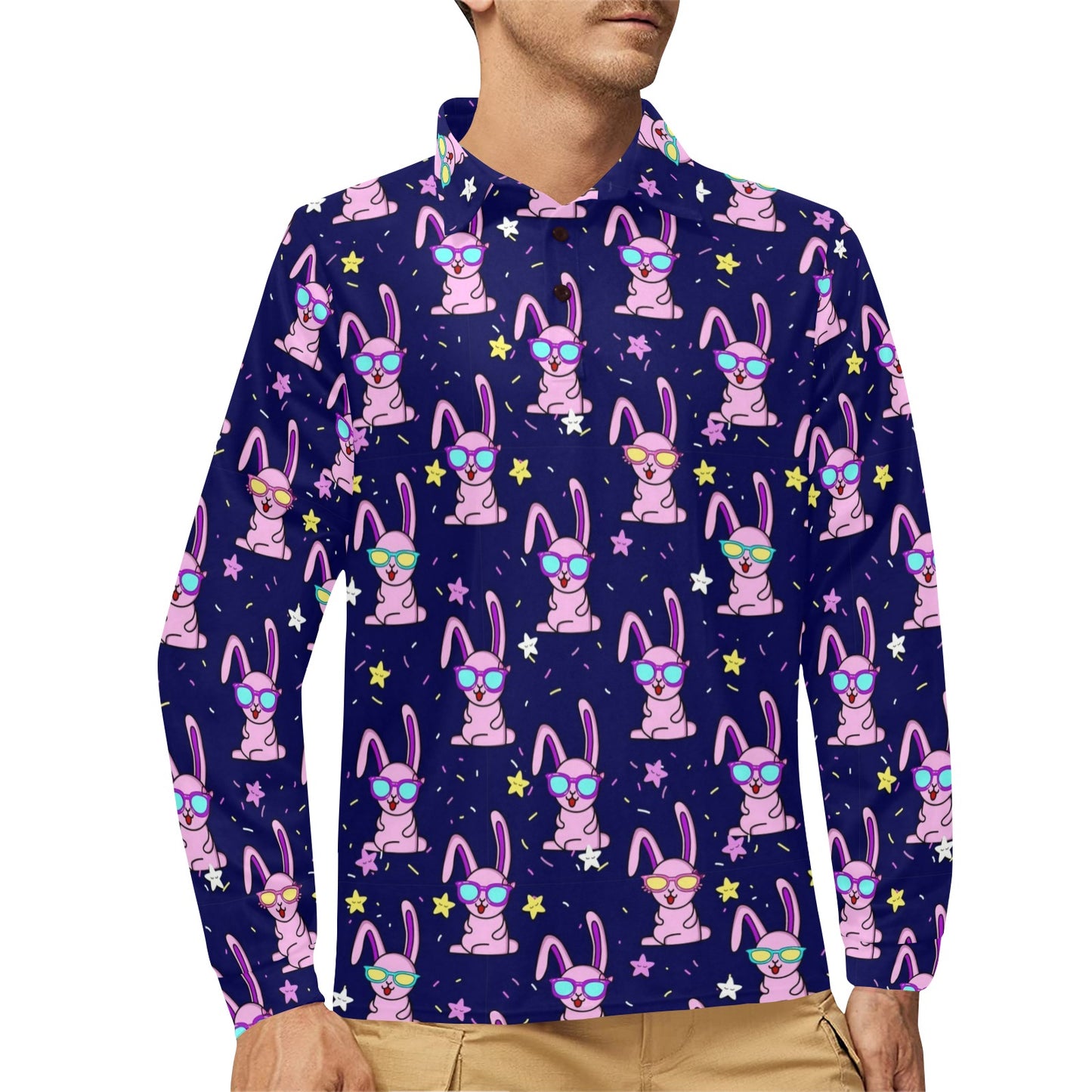 Rabbit Baby Pattern Print Design RB015 Long Sleeve Polo Shirt For Men's