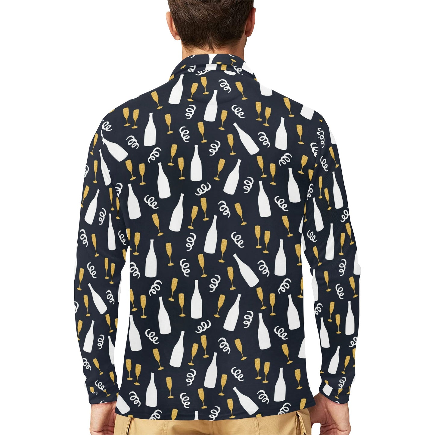 Champagne Pattern Print Design 01 Long Sleeve Polo Shirt For Men's