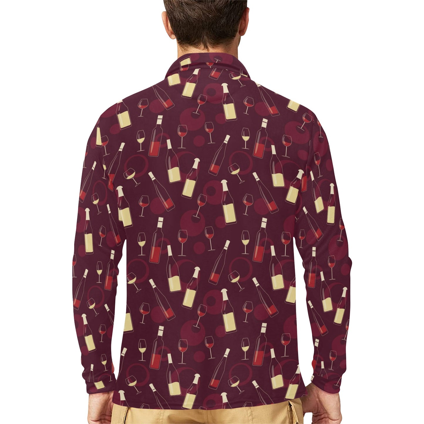 Wine Themed Print Design LKS302 Long Sleeve Polo Shirt For Men's