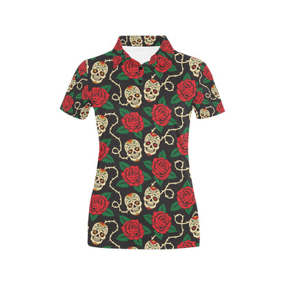 Sugar Skull Red Rose Print Design LKS301 Women's Polo Shirt