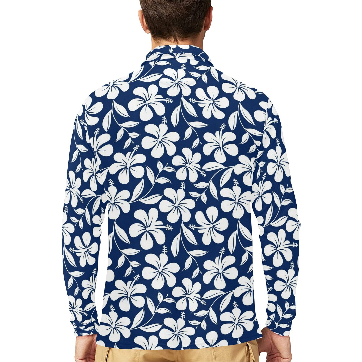 Hibiscus Pattern Print Design HB031 Long Sleeve Polo Shirt For Men's