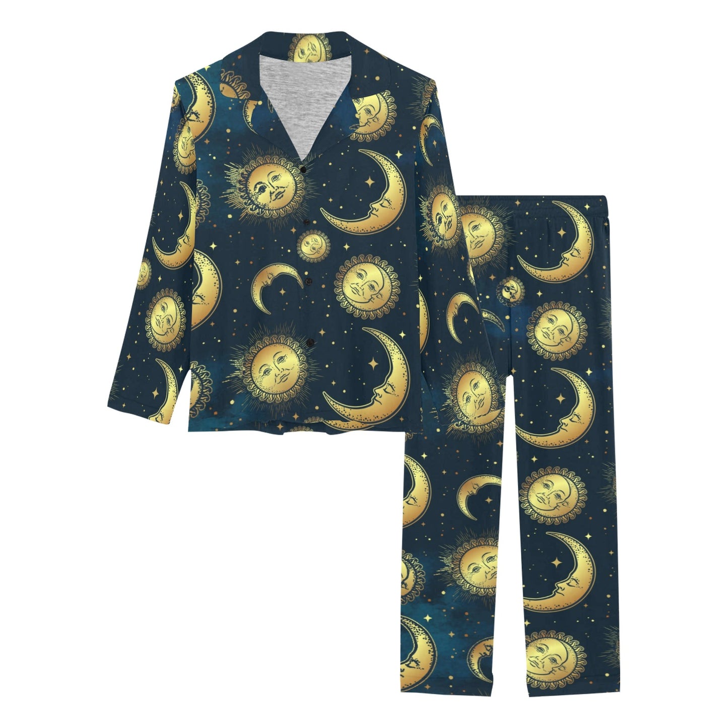Gold Sun Moon Face Women's Long Pajama Set