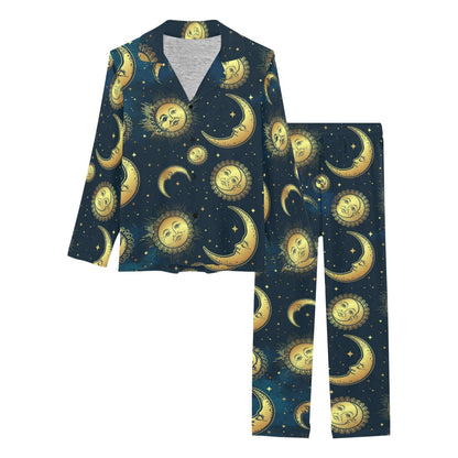 Gold Sun Moon Face Women's Long Pajama Set