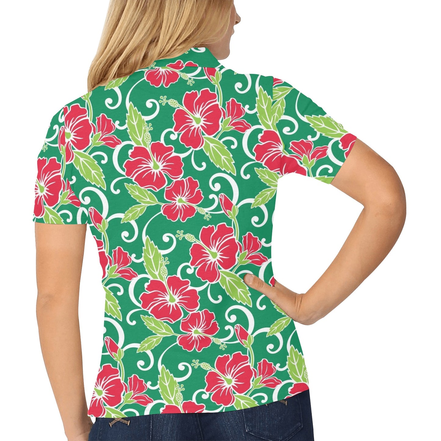 Red Hibiscus Pattern Print Design HB019 Women's Polo Shirt