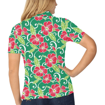 Red Hibiscus Pattern Print Design HB019 Women's Polo Shirt