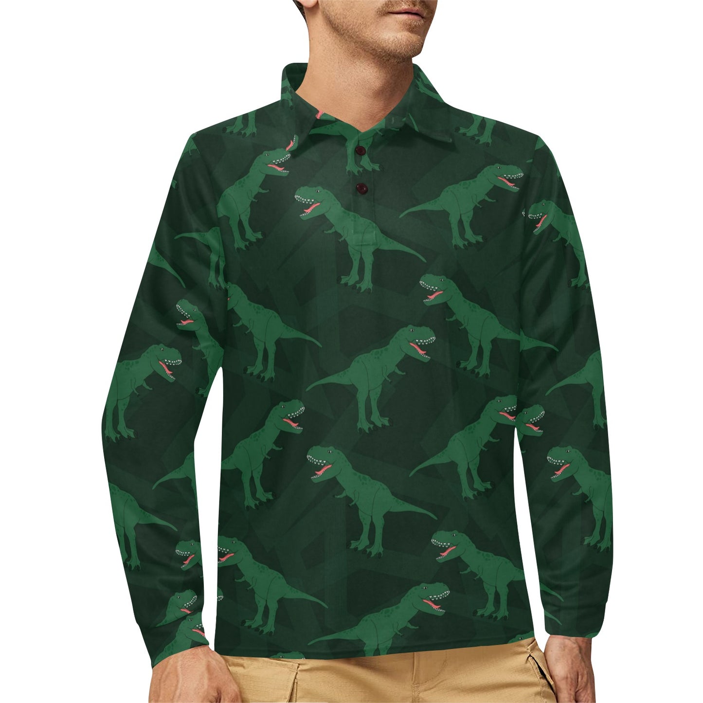 T Rex Pattern Print Design A06 Long Sleeve Polo Shirt For Men's