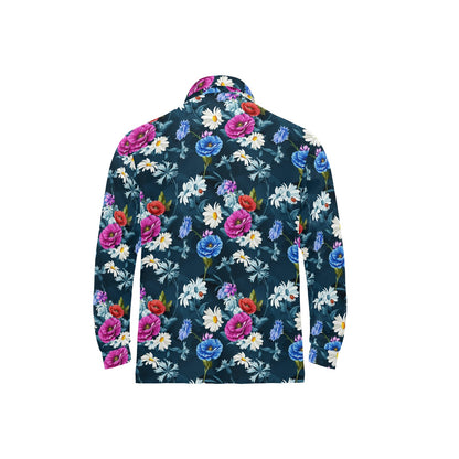Floral Blue Themed Print Long Sleeve Polo Shirt For Men's