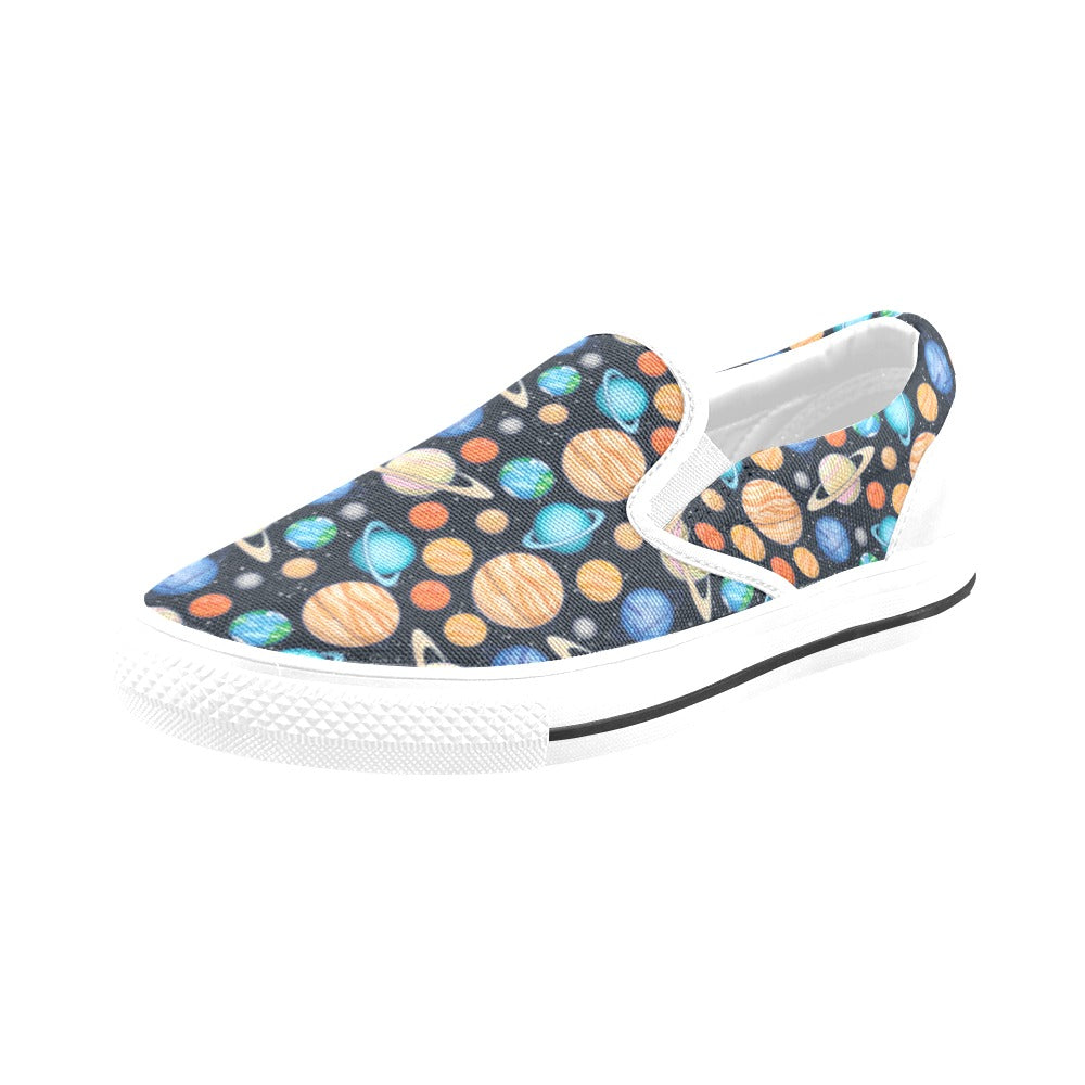 Planet Colorful Print Design LKS301 White Slip Ons Canvas Women's Shoes