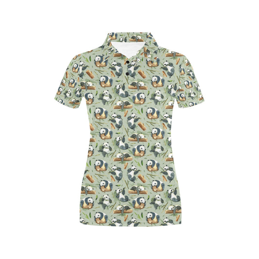 Panda Bear Design Bamboo Print Women's Polo Shirt