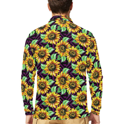 Sunflower Pattern Print Design SF012 Long Sleeve Polo Shirt For Men's