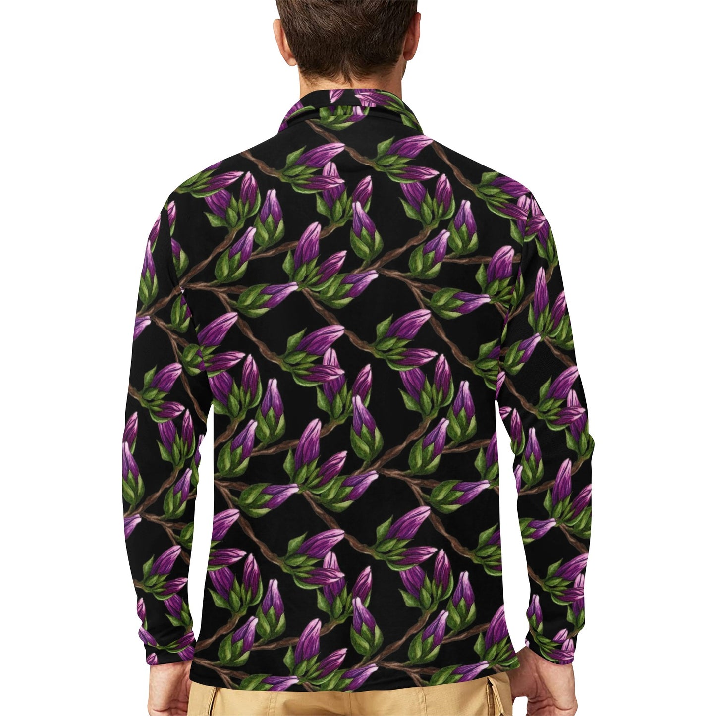 Magnolia Pattern Print Design MAG010 Long Sleeve Polo Shirt For Men's