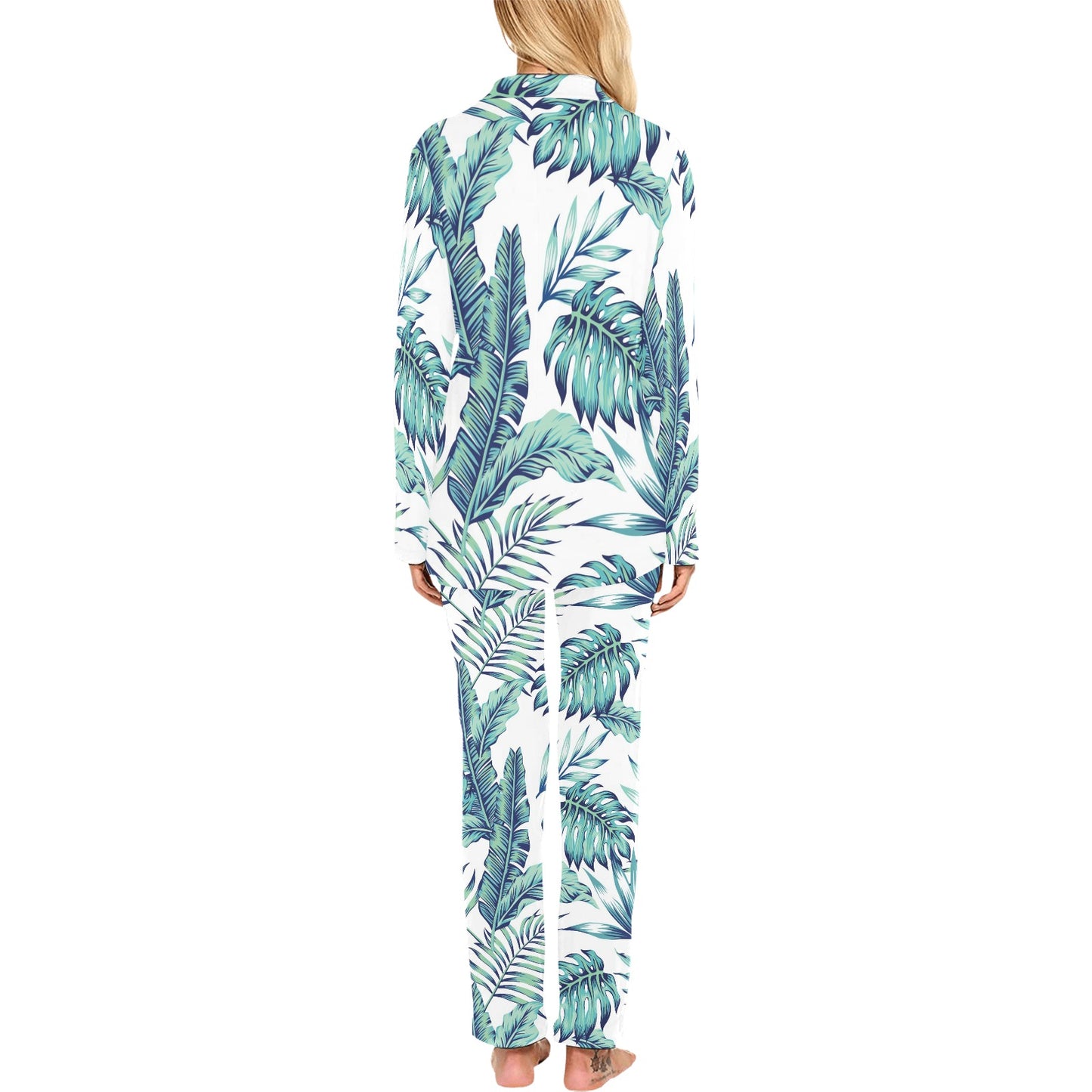 Pattern Tropical Palm Leaves Women's Long Pajama Set