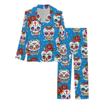 Sugar Skull Rose Pattern Women's Long Pajama Set