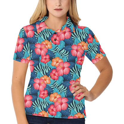 Red Hibiscus Pattern Print Design HB02 Women's Polo Shirt