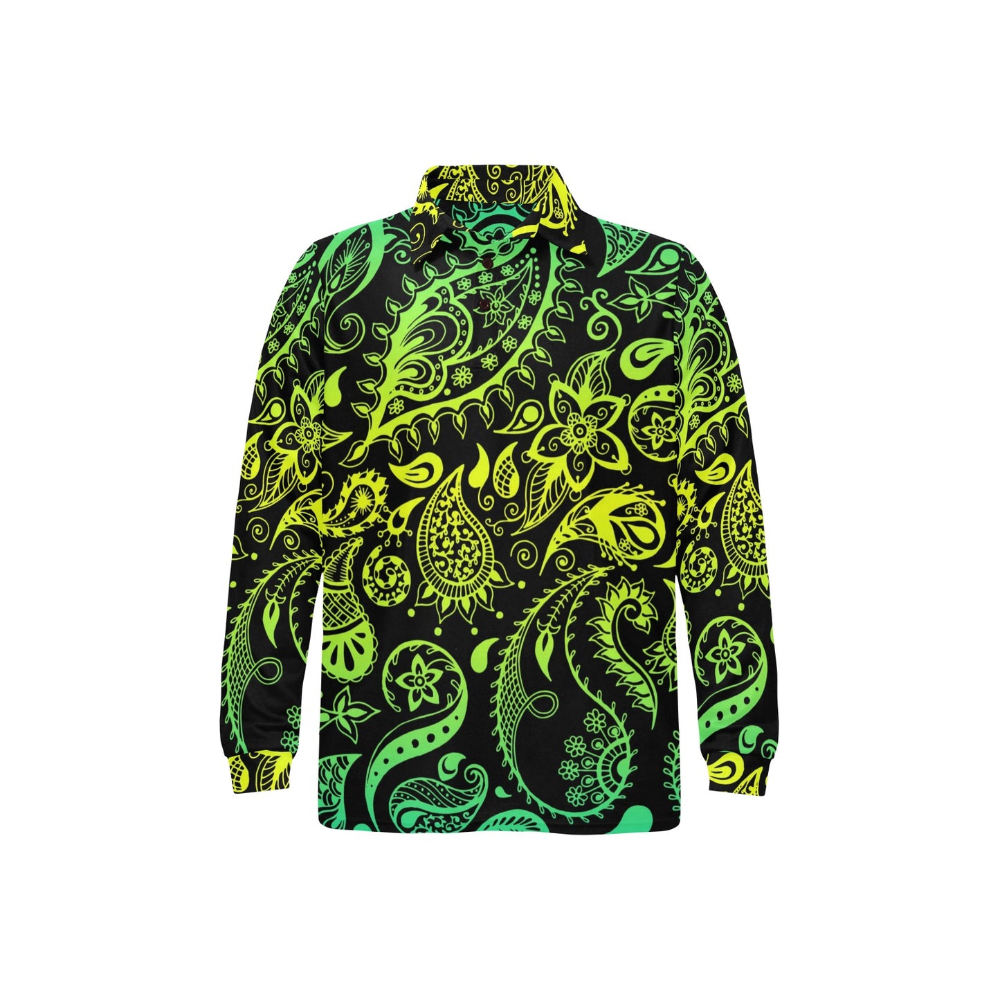 Paisley Green Design Print Long Sleeve Polo Shirt For Men's