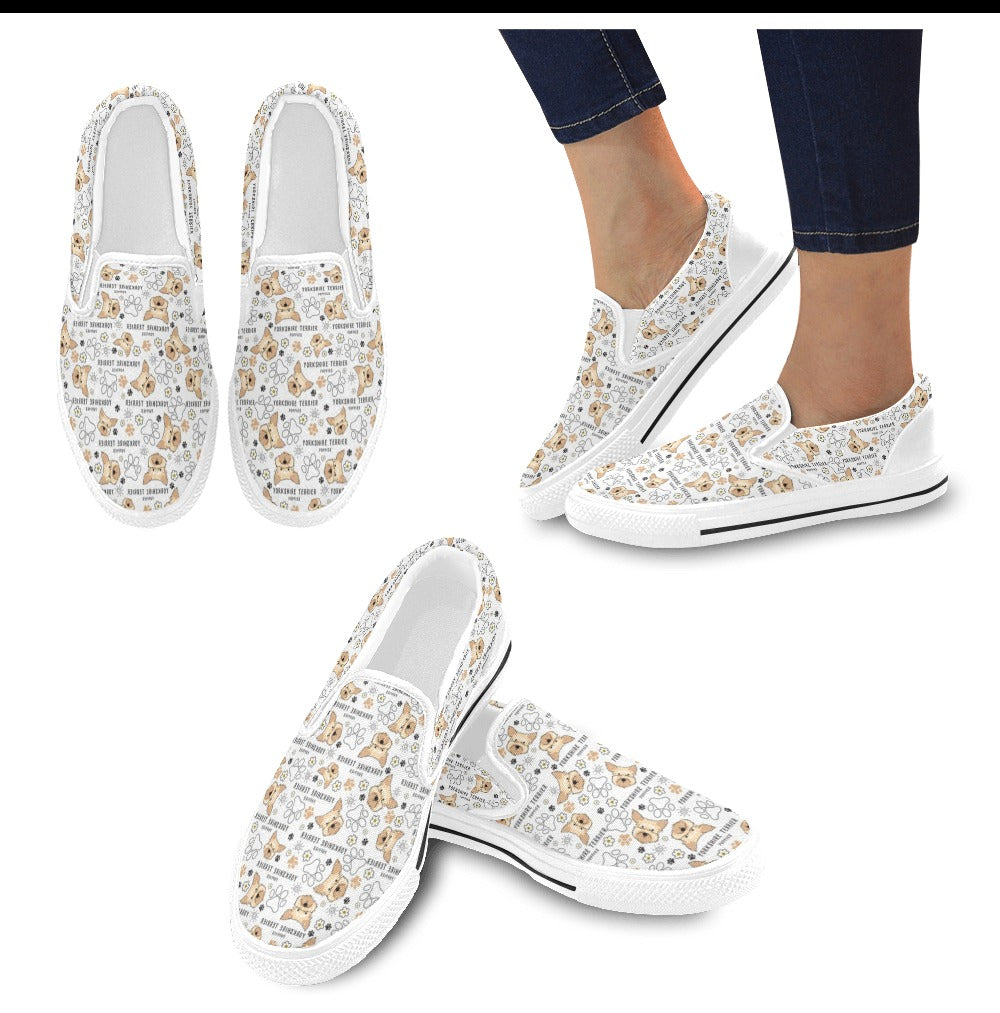 Yorkshire Terriers Print Design LKS308 White Slip Ons Canvas Women's Shoes