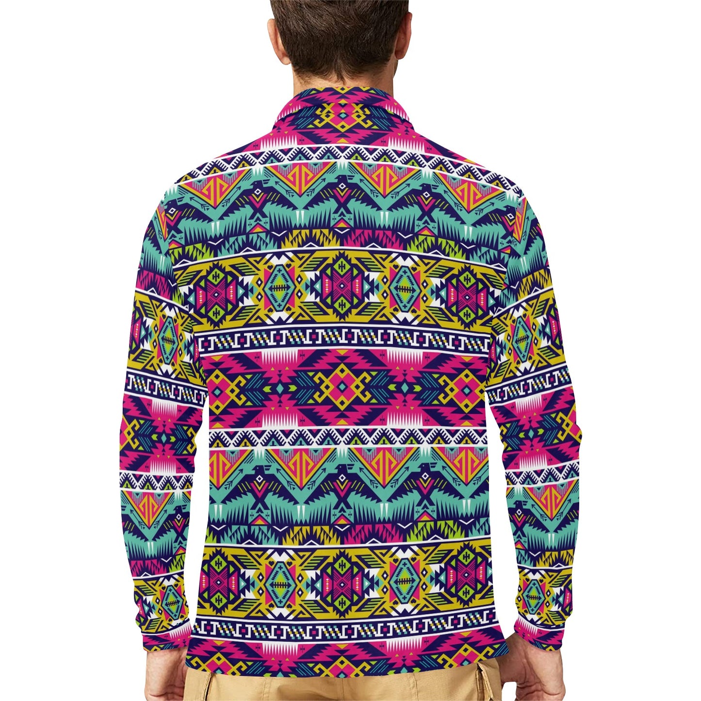 Indian Navajo Color Themed Design Print Long Sleeve Polo Shirt For Men's