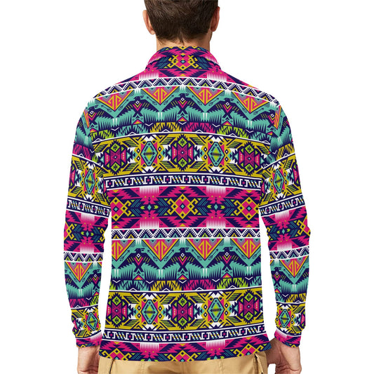 Indian Navajo Color Themed Design Print Long Sleeve Polo Shirt For Men's