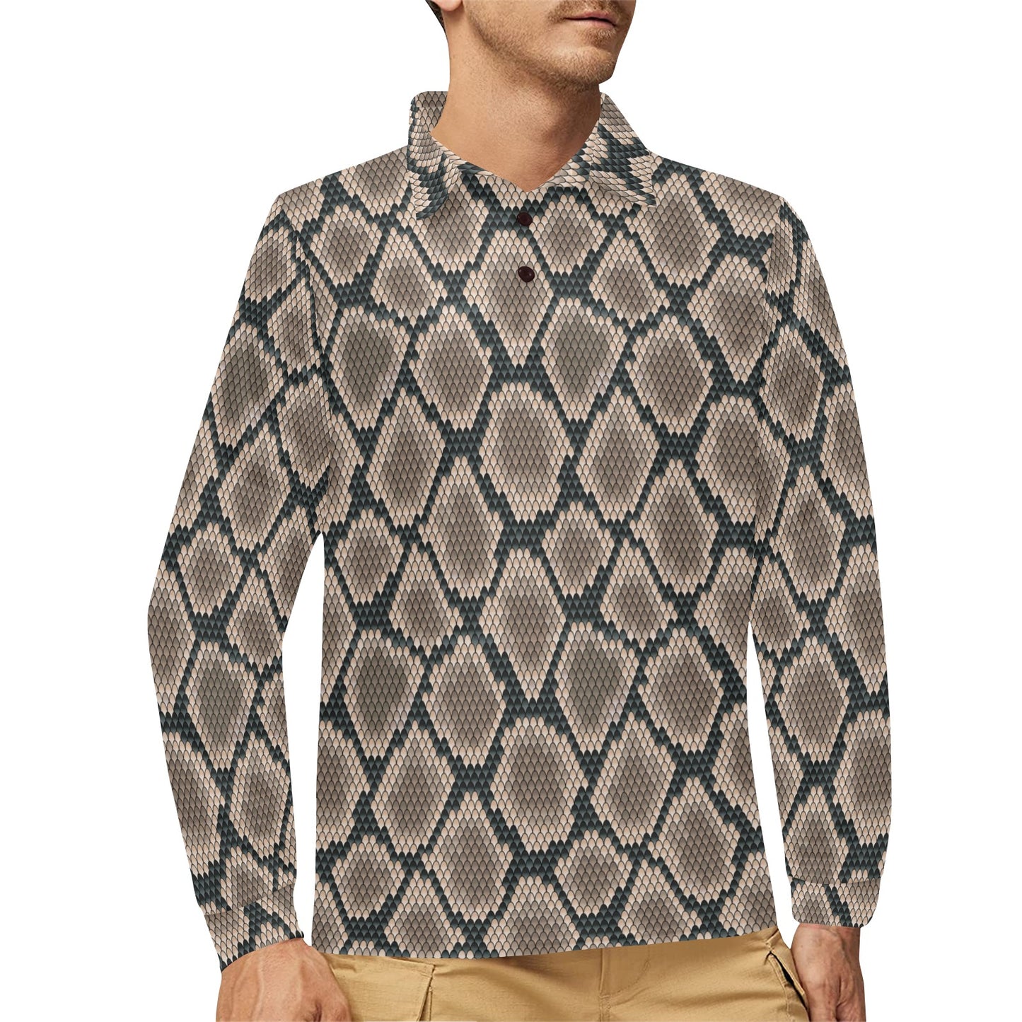 Snake Skin Design Print Long Sleeve Polo Shirt For Men's