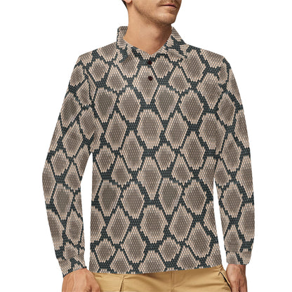 Snake Skin Design Print Long Sleeve Polo Shirt For Men's