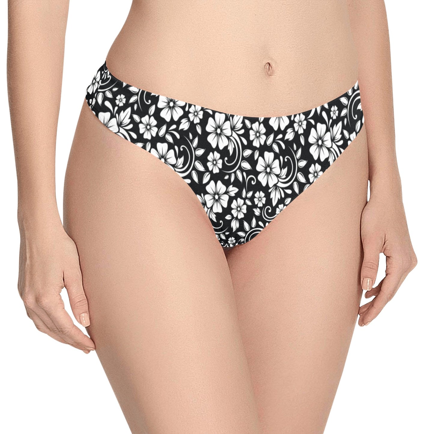 Floral Black White Themed Print Women's Thongs