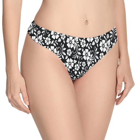Floral Black White Themed Print Women's Thongs
