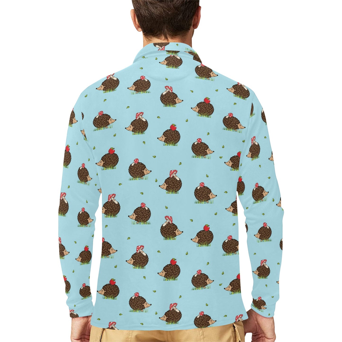 Hedgehog Print Design LKS402 Long Sleeve Polo Shirt For Men's