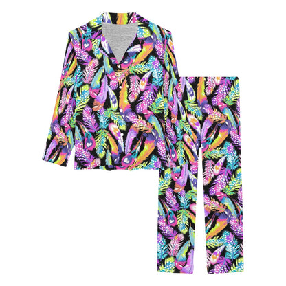 Neon Feather Pattern Print Design A02 Women's Long Pajama Set