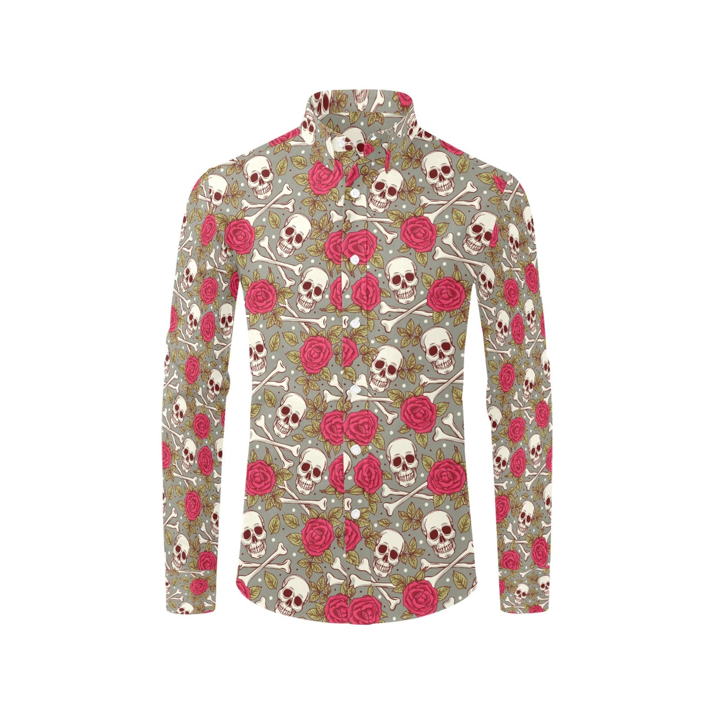Skull Bone Rose Print Design LKS303 Men's Long Sleeve Dress Shirt