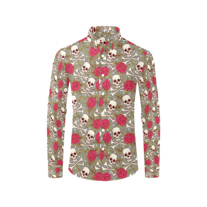 Skull Bone Rose Print Design LKS303 Men's Long Sleeve Dress Shirt
