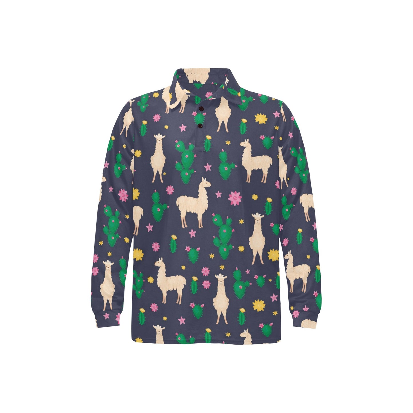 Llama Cactus Pattern Print Design 012 Long Sleeve Polo Shirt For Men's