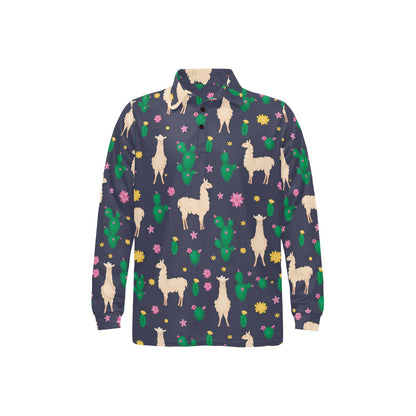 Llama Cactus Pattern Print Design 012 Long Sleeve Polo Shirt For Men's