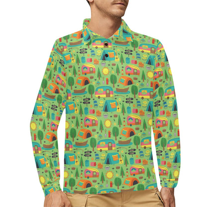 Camping Camper Pattern Print Design 04 Long Sleeve Polo Shirt For Men's