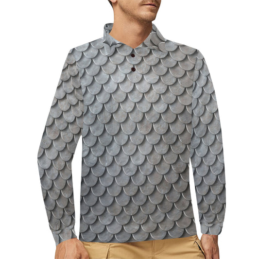 Armor Scales Pattern Print Design 03 Long Sleeve Polo Shirt For Men's