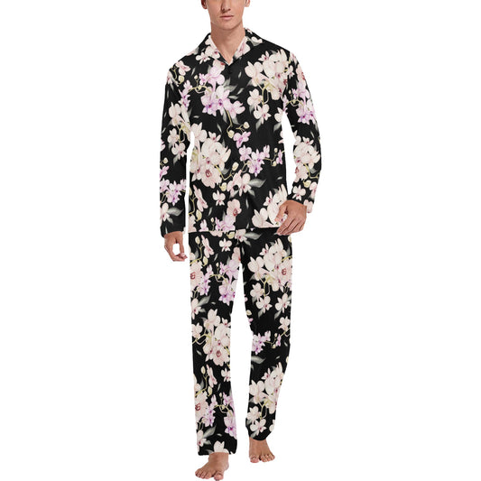 Orchid White Pattern Print Design OR03 Men's Long Pajama Set