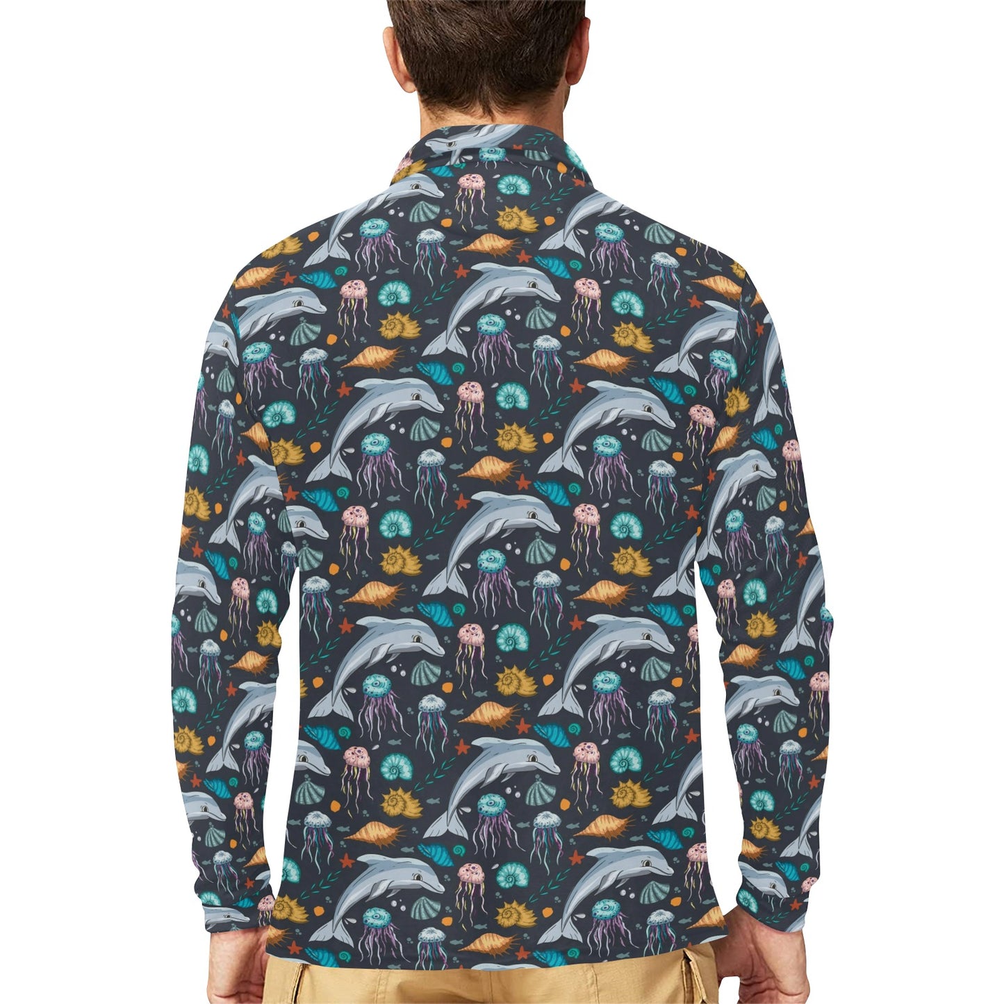 Underwater Dolphin Print Design LKS304 Long Sleeve Polo Shirt For Men's