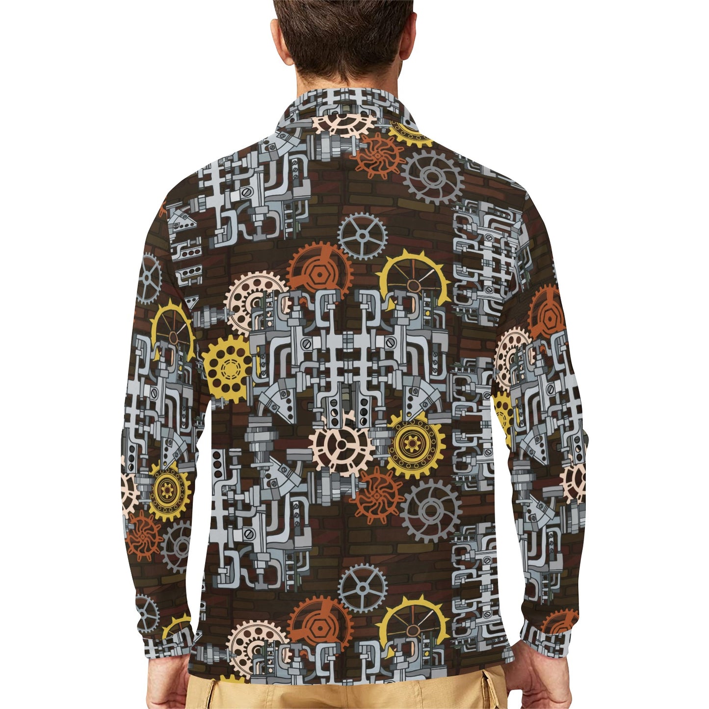 Mechanic Pattern Print Design 04 Long Sleeve Polo Shirt For Men's