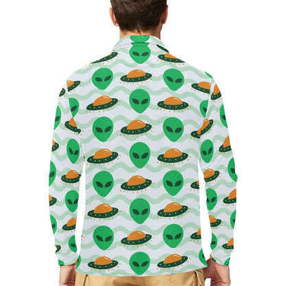 Alien UFO Pattern Print Design 04 Long Sleeve Polo Shirt For Men's