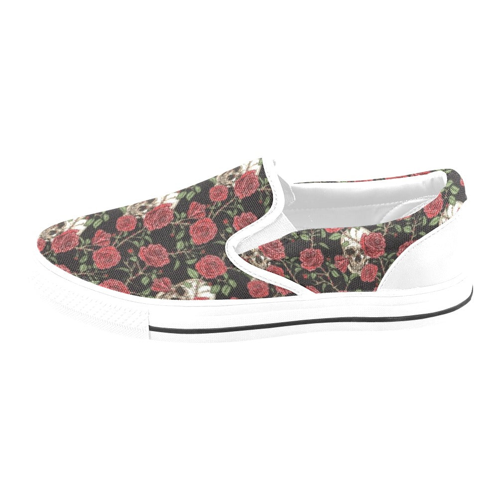 Skull And Roses Print Design LKS303 White Slip Ons Canvas Women's Shoes
