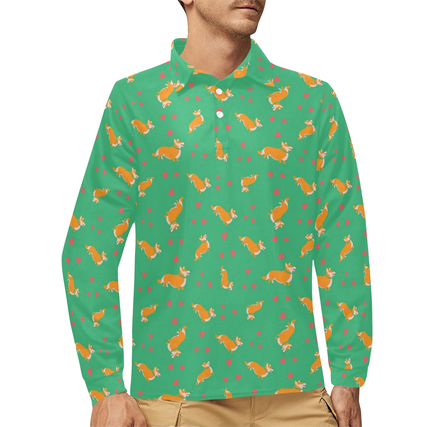 Cardigan Welsh Corgis Pattern Print Design 03 Long Sleeve Polo Shirt For Men's