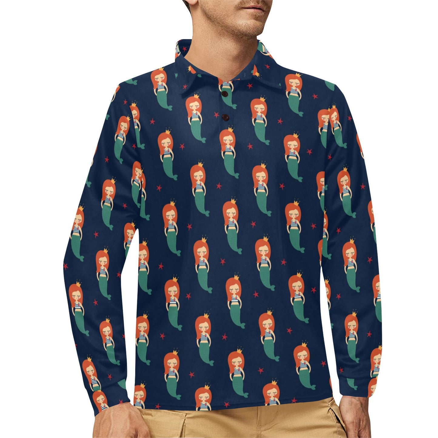 Mermaid Girl Pattern Print Design 01 Long Sleeve Polo Shirt For Men's