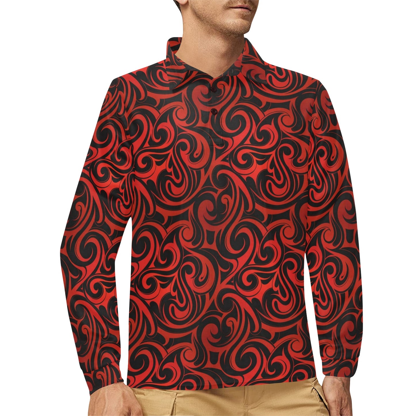 Maori Red Black Themed Design Long Sleeve Polo Shirt For Men's
