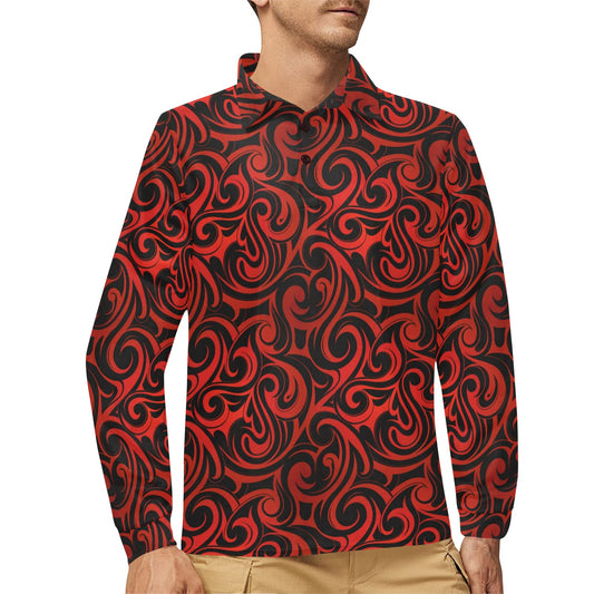 Maori Red Black Themed Design Long Sleeve Polo Shirt For Men's