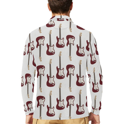 Bass Guitar Pattern Print Design 03 Long Sleeve Polo Shirt For Men's